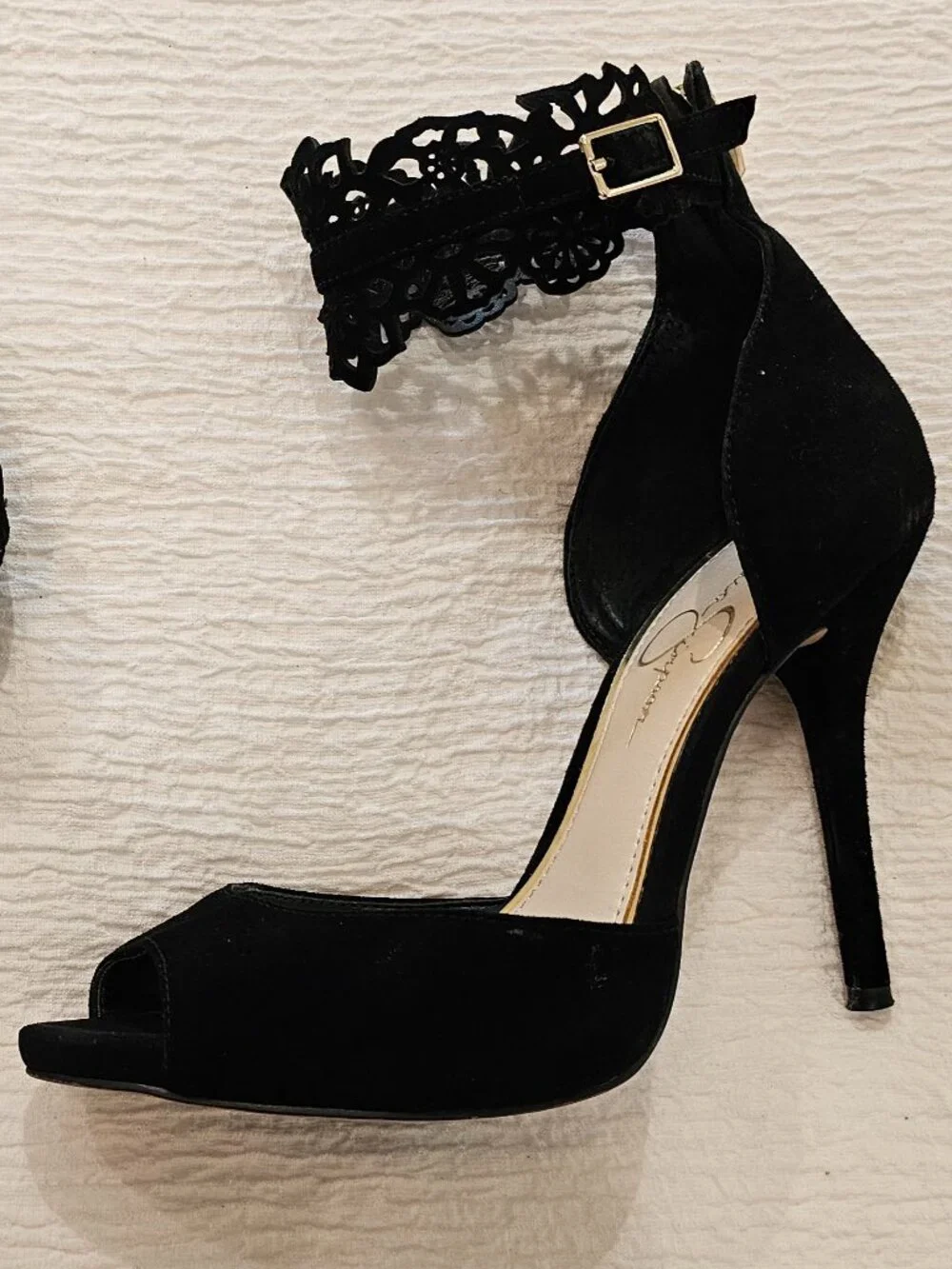 Jessica Simpson Bonney Black Kid Suede Peep Toe Heels Lace Ankle Strap Size 7M